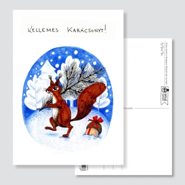 Papetri karácsonyi képeslap - Mókus a téli erdőben